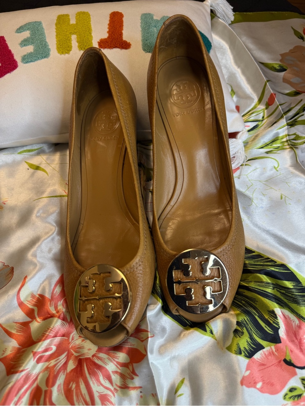 Tory Burch Tan Leather Peep Toe Wedge Heels Women’s Size 9.5